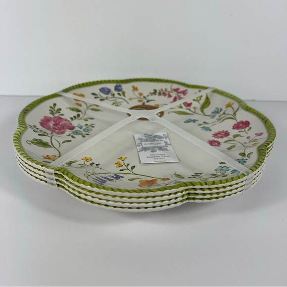 Shabby Chic Melamine Dinner Plates Floral Spring Scalloped Green Pink 4 pc NEW - Picture 7 of 10